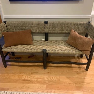 Moroccan bench in solid wood and rattan; traditional beldi bench,
