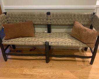 Moroccan bench in solid wood and rattan; traditional beldi bench,