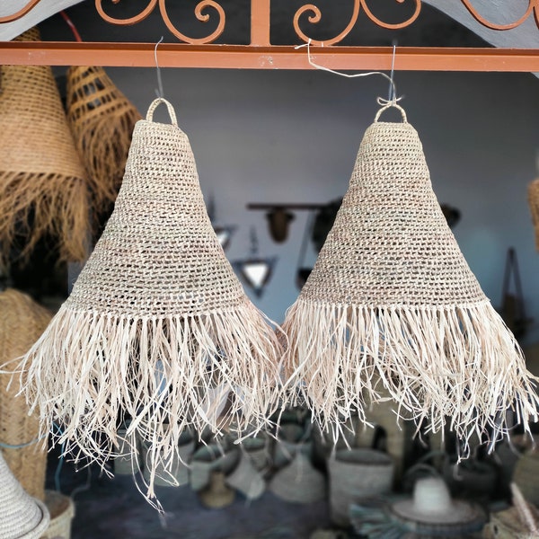 Set of 2 handmade Natural Rattan lampshade, Doum suspension, bohemian light pendant, Moroccan handmade straw, Openwork wicker shade,