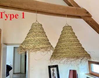 Set Of 9 Moroccan handmade Natural Rattan lampshade, Doum suspension, bohemian light pendant, Moroccan handmade straw