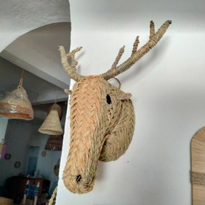 Moroccan straw   deer head, animal head wall decoration, fake trophy, Moroccan wall decoration, straw rattan head, Christmas decoration