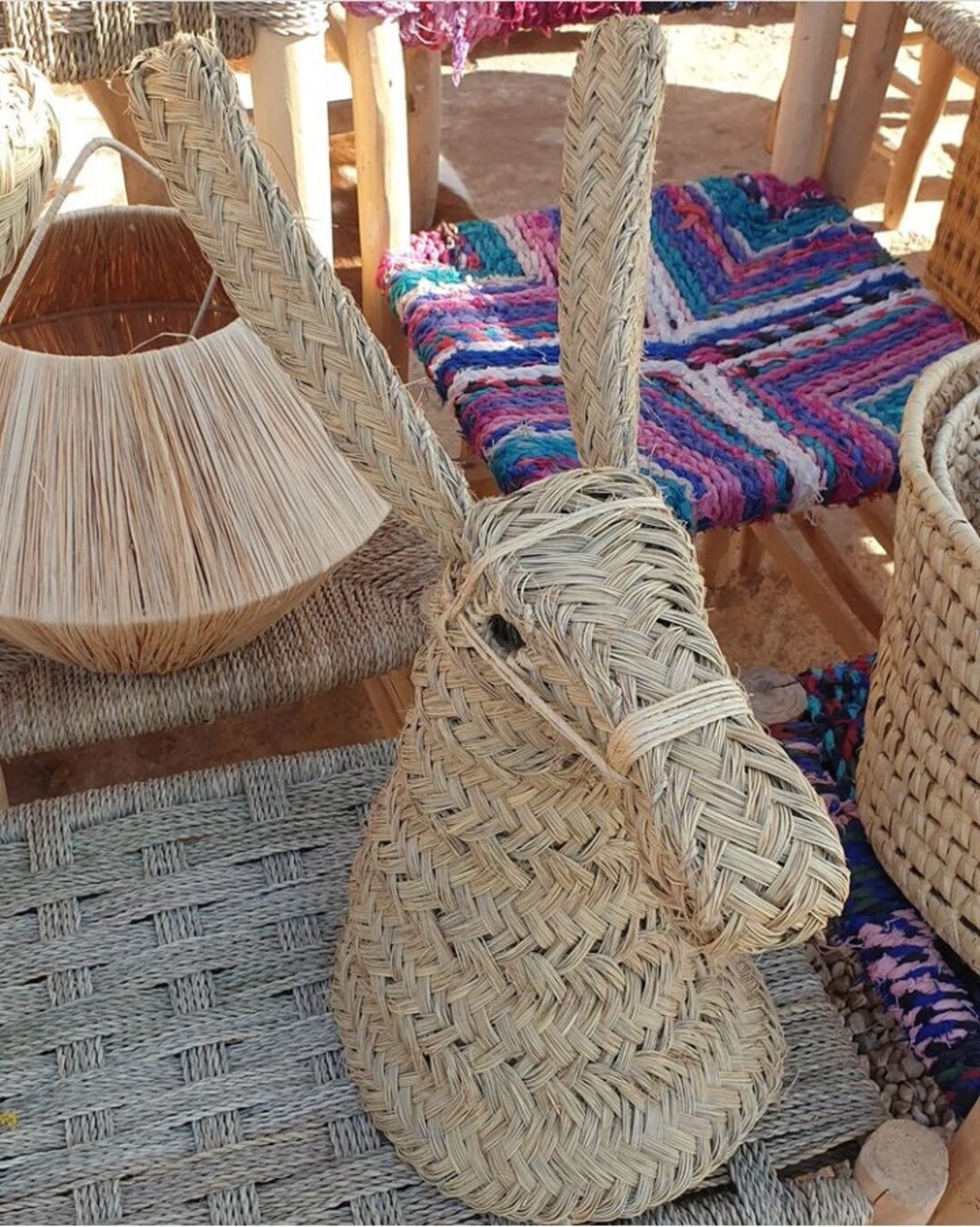 Large Moroccan Straw Donkey Head, Animal Head Wall Decor, Faux Trophy