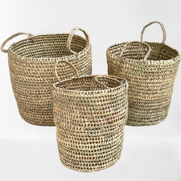 LOT of 3 storage baskets in palm leaves with handles