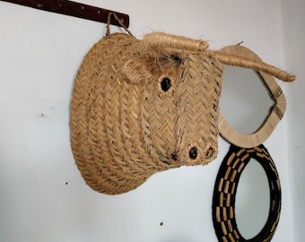 Großer marokkanischer Stierkopf aus Stroh, Tierkopf-Wanddekoration, künstliche Trophäe, marokkanische Wanddekoration, Stroh-Rattan-Kopf, Weihnachtsdekoration