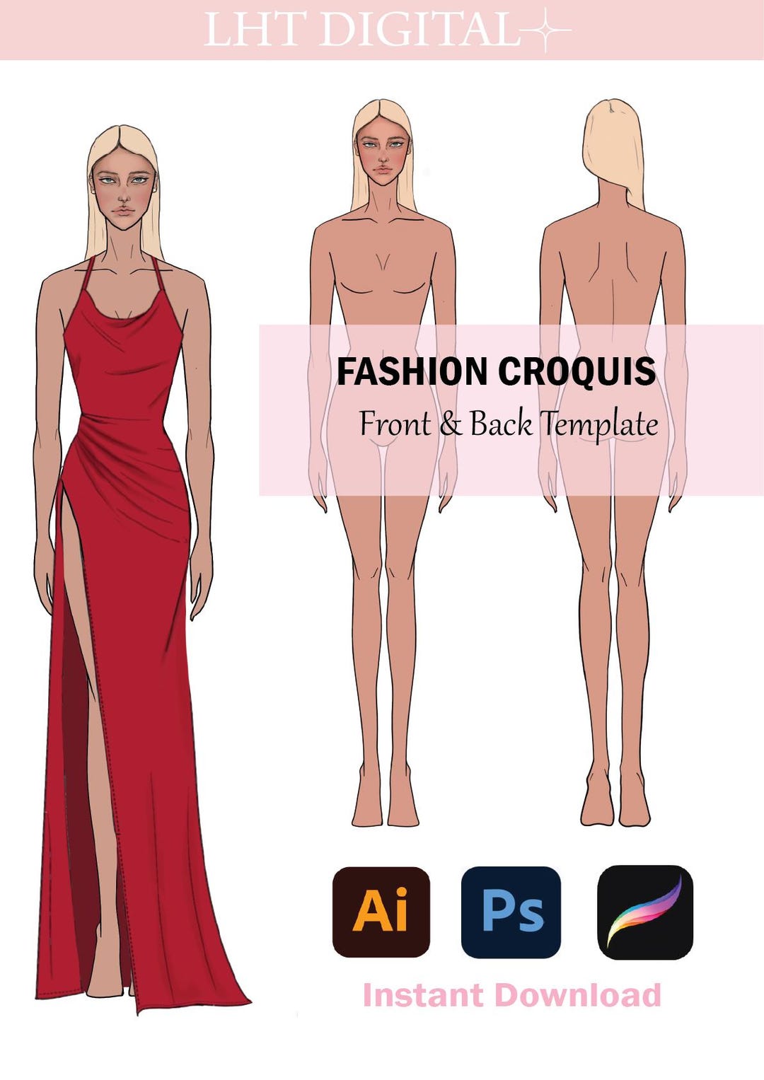 Croquis Template Female Fashion Figure Front & Back Fashion Design