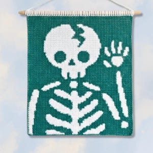 Friendly skeleton Tapestry crochet + Overlay mosaic pattern – Cracked skull knit wall hanging