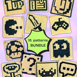 May include: A collection of square, crocheted coasters with various retro video game designs in black and cream. The coasters feature iconic symbols like Pac-Man, a sword, and a question mark. The text "15 patterns BUNDLE" is in the center.