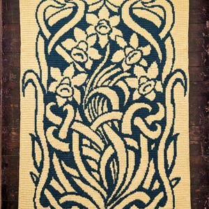 Daffodils graphghan crochet pattern – Art Nouveau flowers throw overlay mosaic PDF
