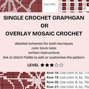 May include: A crochet pattern document titled SINGLE CROCHET GRAPHGAN OR OVERLAY MOSAIC CROCHET. It includes detailed schemes, a colour block table, written instructions, a link to Stitch Fiddle for customisation, and a difficulty level rating.