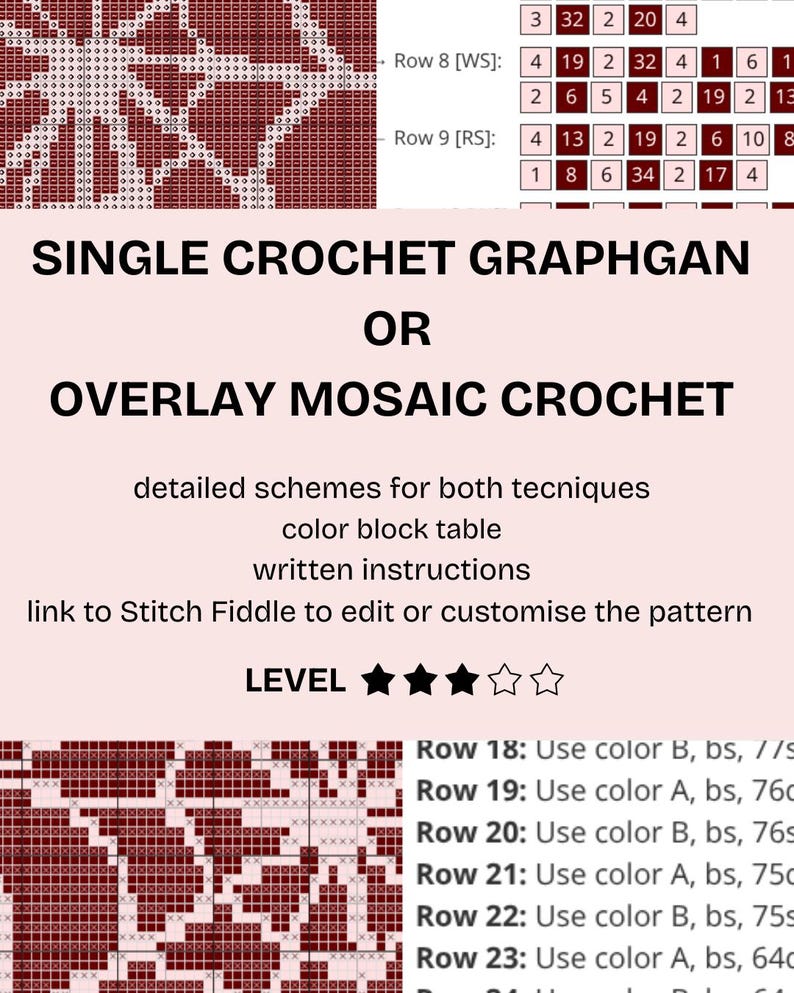 May include: A crochet pattern document titled SINGLE CROCHET GRAPHGAN OR OVERLAY MOSAIC CROCHET. It includes detailed schemes, a colour block table, written instructions, a link to Stitch Fiddle for customisation, and a difficulty level rating.