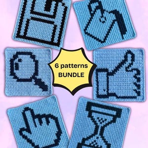 May include: A collection of six crocheted square patterns in light blue with black icons. The icons include a floppy disk, a shopping bag, a magnifying glass, a thumbs-up, a hand cursor, and an hourglass. The text "6 patterns BUNDLE" is in the center.