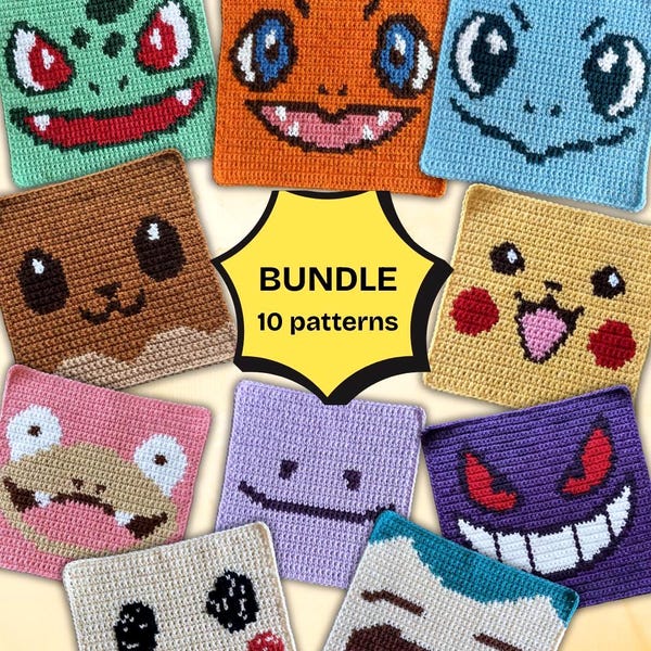 10 Pokemon crochet squares pattern - Starters Bundle coasters - 90s Granny square tapestry pattern