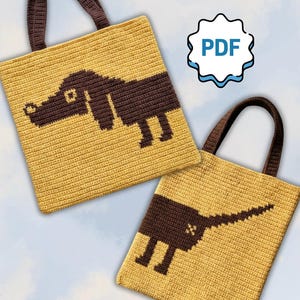 Könnte beinhalten: Zwei gehäkelte Tragetaschen mit Dackel-Design. Die Taschen sind gelb mit braunen Dackelsilhouetten und braunen Henkeln. Die Taschen sind quadratisch und haben eine strukturierte Optik. Ein weißes und blaues PDF-Symbol befindet sich im Hintergrund.