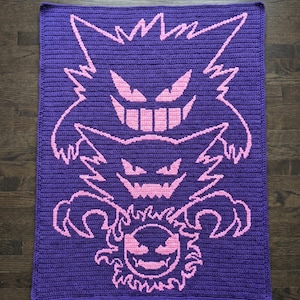 Gastly Evolution Afghan Crochet Pattern – Ghost Pokemon throw Overlay Mosaic – Gengar Haunter PDF