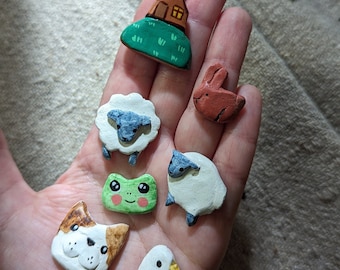 Set of 7 farm and nature clay magnets - Cute cottagecore rustic handmade ceramic magnets - Small countryside life decor - Animals and pets