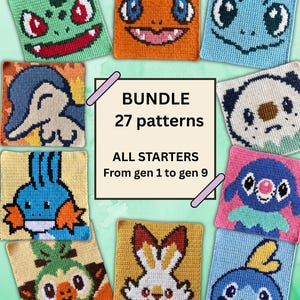 Puede incluir: Una colección de paneles cuadrados de ganchillo con varios rostros de personajes coloridos dispuestos alrededor de un letrero rectangular central que dice BUNDLE 27 patterns ALL STARTERS From gen 1 to gen 9. Los cuadrados muestran diseños pixelados.