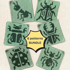 May include: A bundle of six square crochet patterns featuring insect designs. Each square is light green with a dark green insect illustration, including an ant, beetle, and spider. The center of the image has a yellow banner that reads "6 patterns BUNDLE".