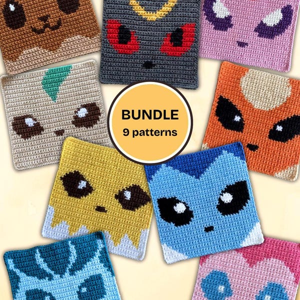Patrón de 9 cuadrados de ganchillo de Pokémon - Posavasos de evoluciones de Eevee - Patrón de tapiz cuadrado de abuela de los 90