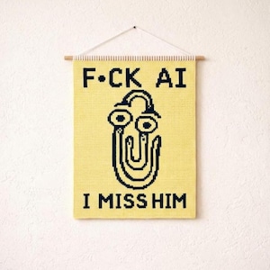 F*ck AI Clippy Tapestry crochet + Overlay mosaic pattern No AI Wall Hanging Y2K
