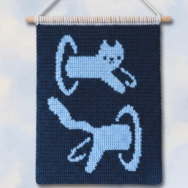 Haakpatroon kat portaaltapijt + overlay mozaïek – teleportatie Kitty Wall Hanging twee kleuren
