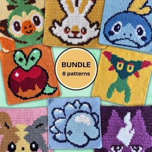 May include: A collection of eight square crochet panels featuring colourful pixelated character designs, including various creatures and an apple. A central circular label displays the text BUNDLE 8 patterns in black lettering on a tan background.