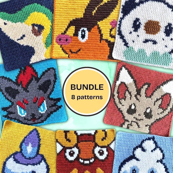 8 Pokemon crochet squares pattern - Gen 5 Bundle coasters - Y2K Granny square tapestry pattern
