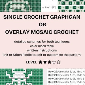 May include: A digital crochet pattern document titled SINGLE CROCHET GRAPHGAN OR OVERLAY MOSAIC CROCHET. It includes detailed schemes, a color block table, written instructions, a link to Stitch Fiddle, and a difficulty level of three out of five stars.