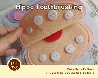 PDF, SVG hippo feeding and tooth-brushing quiet book activity pattern with written and video tutorial
