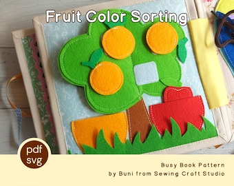 PDF, SVG fruits harvesting quiet book pattern, apple & orange color sorting busy book template
