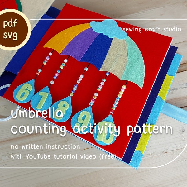 PDF, SVG counting raindrop activity quiet book pattern, no sewing umbrella page busy book