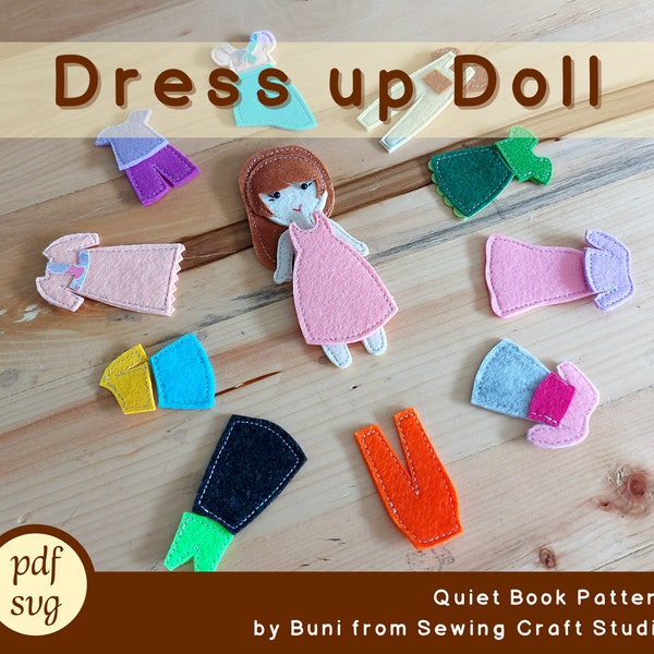 PDF, SVG felt doll-house quiet book pattern, sewing dress up doll busy book template