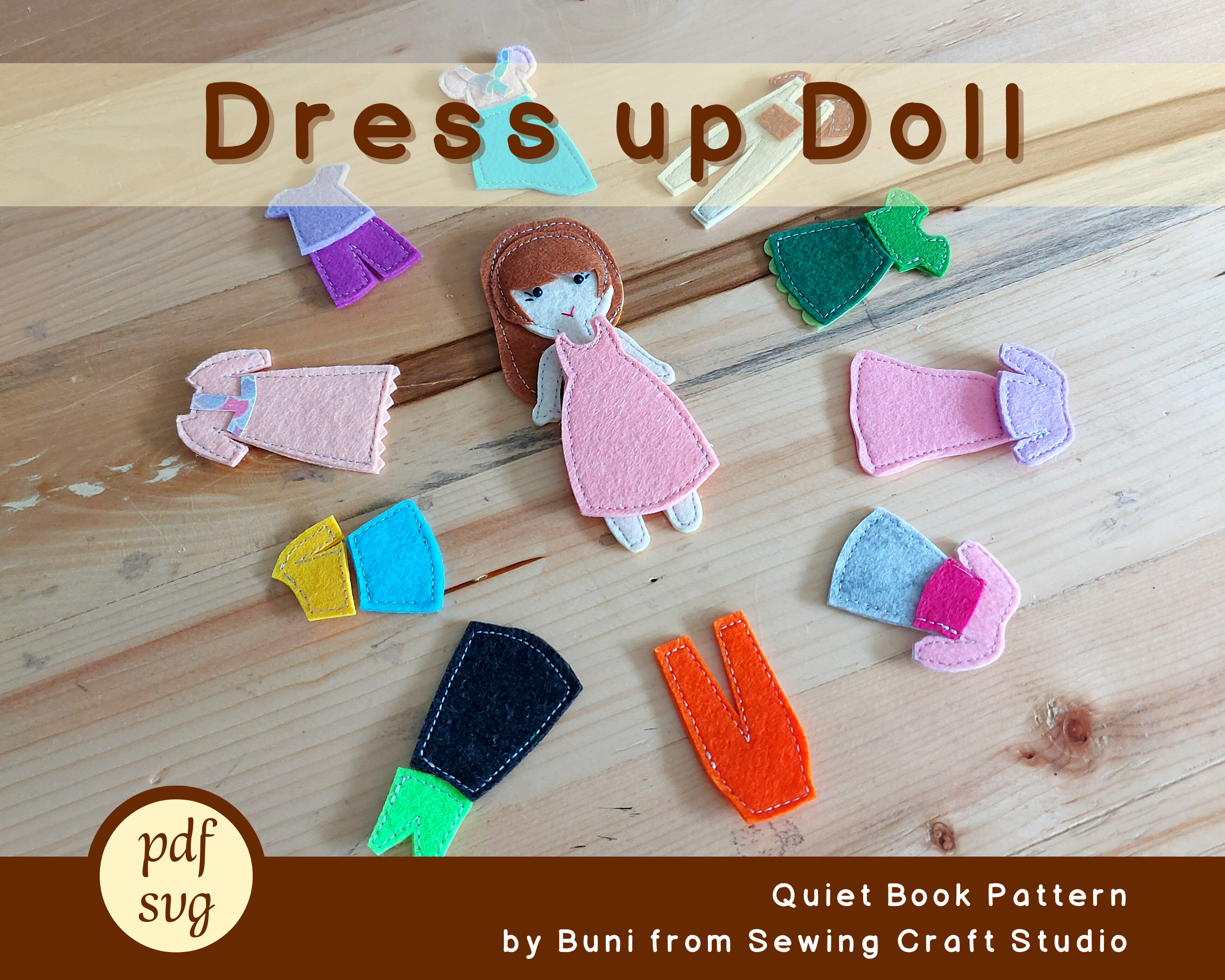 PDF, SVG felt doll-house quiet book pattern, sewing dress up doll busy book template