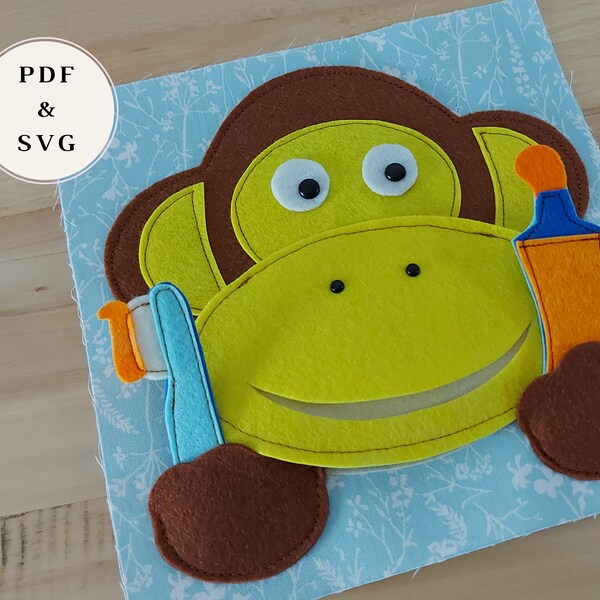 Quiet book animal monkey PDF SVG pattern for felt busy book toothbrushing activity page size 20x20 cm