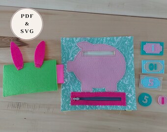 Piggy bank quiet book pattern PDF & SVG for montessori activity