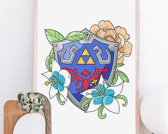 Hylian Shield Art Print | Legend of Zelda Fine Line Floral Art