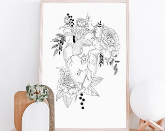 Floral Anatomical Heart Art Print | Fine Line Floral Art