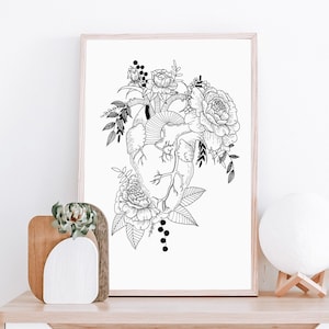 Floral Anatomical Heart Art Print | Fine Line Floral Art