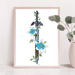 Master Sword Art Print | Legend of Zelda: Breath of the Wild / Skyward Sword Fine Line Floral Art