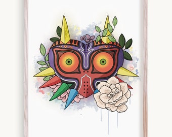 Majoras Mask Art Print | Legend of Zelda: Majoras Mask N64/3DS Fine Line Floral Art