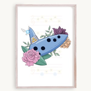 Ocarina Art Print | Legend of Zelda: Ocarina of Time Fine Line Floral Art
