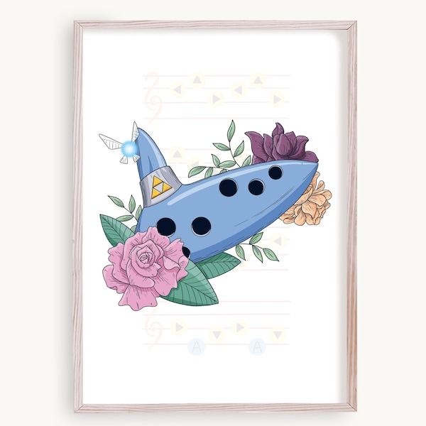 Ocarina Art Print | Legend of Zelda: Ocarina of Time Fine Line Floral Art