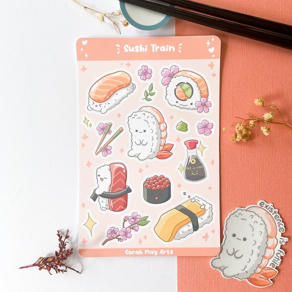Sushi Train Sticker Sheet - 15pcs Matte Vinyl Floral Kiss Cut Stickers
