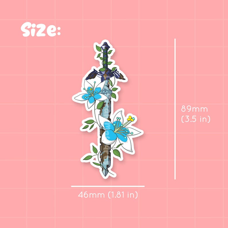 May include: A sticker featuring a blue and white flower design with a sword in the center. The sticker is 3.5 inches tall and 1.81 inches wide.