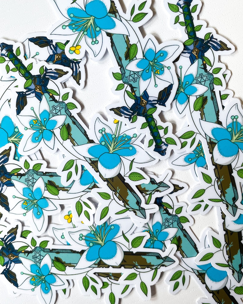 May include: A set of stickers featuring a stylized sword with blue and white flowers. The sword is depicted with a green and brown handle and a blue blade. The flowers are white with blue centers and green leaves.