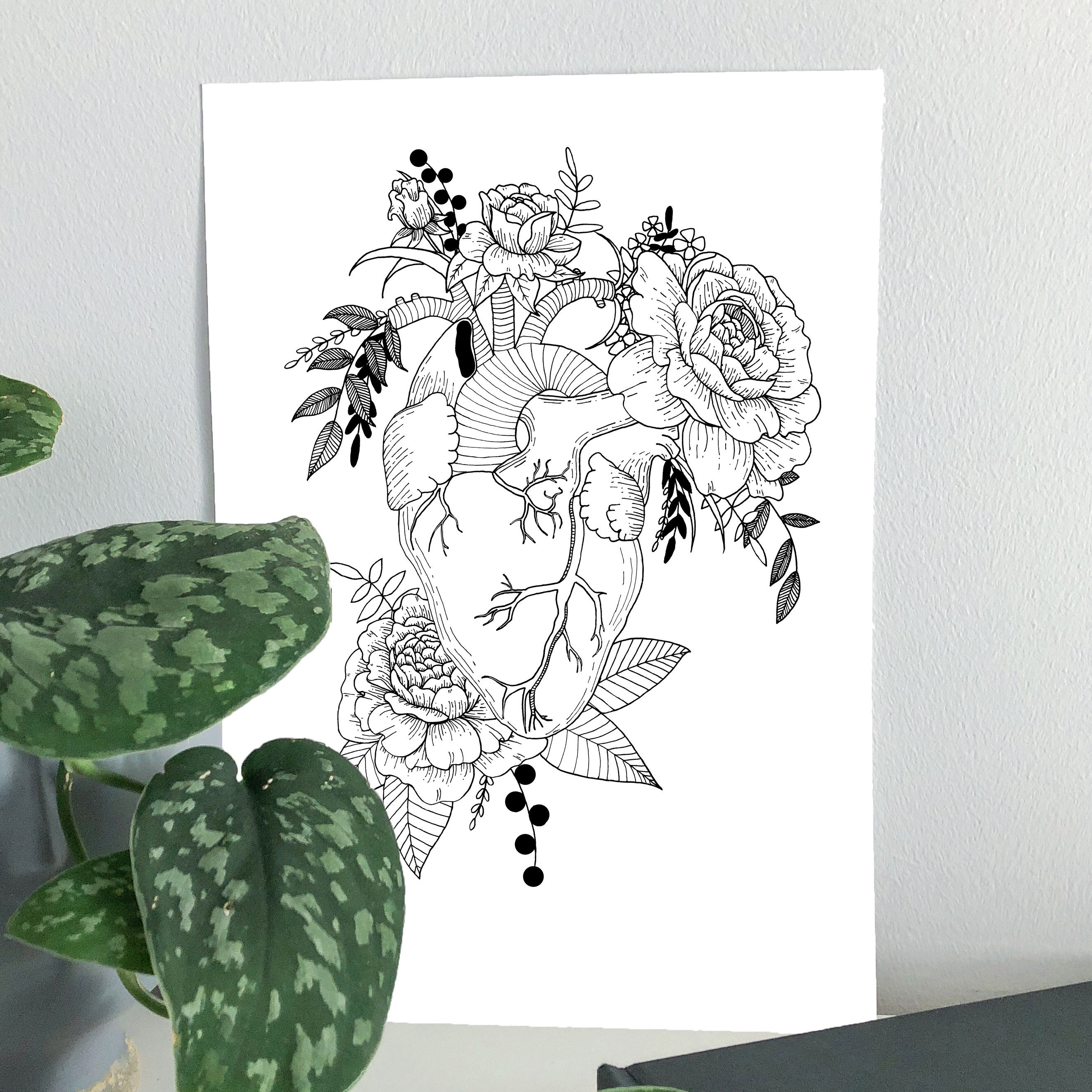 Floral Anatomical Heart Art Print Fine Line Floral Art - Etsy