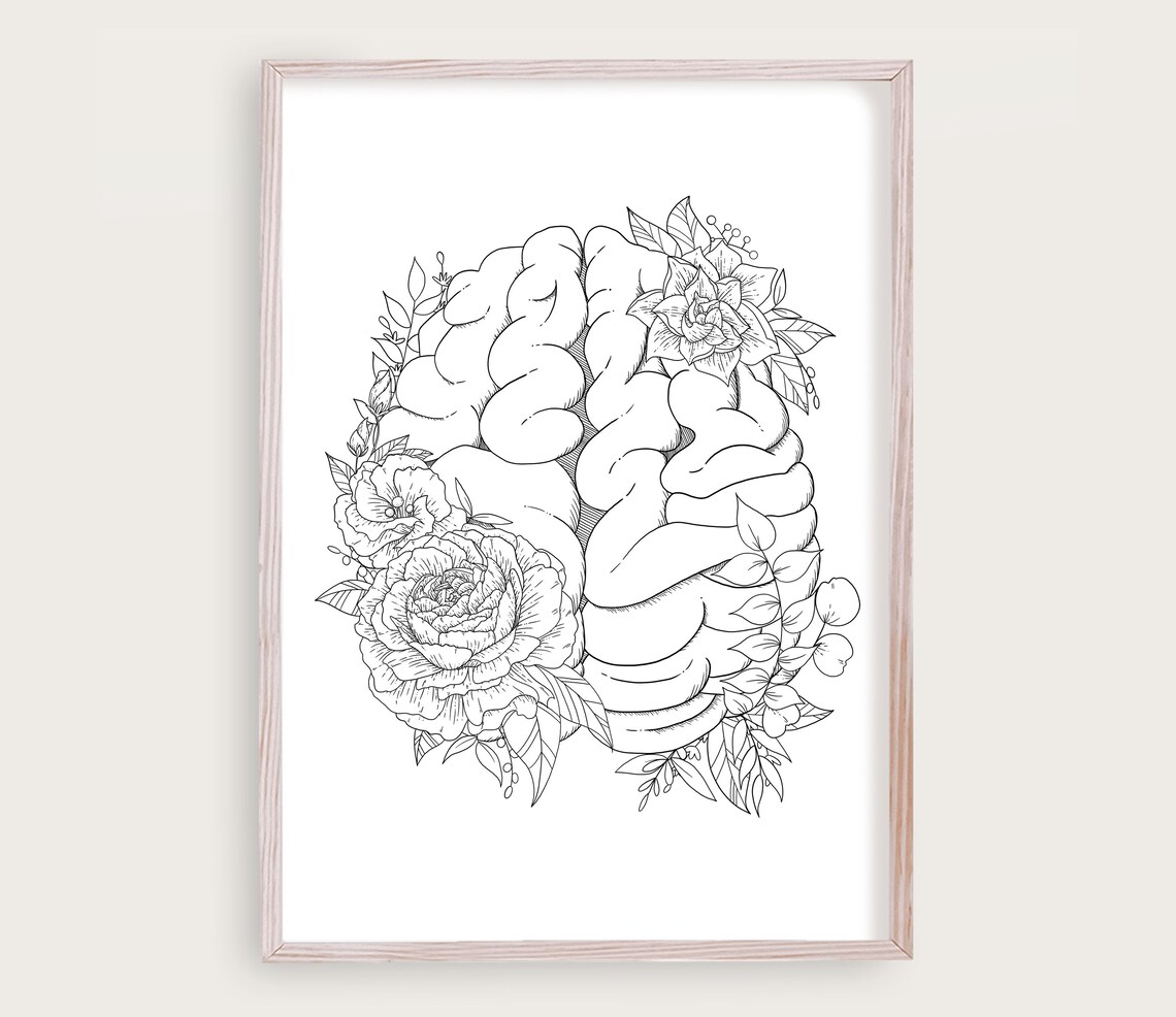 Floral Anatomical Brain Art Print | Fine Line Floral Art - Etsy Australia