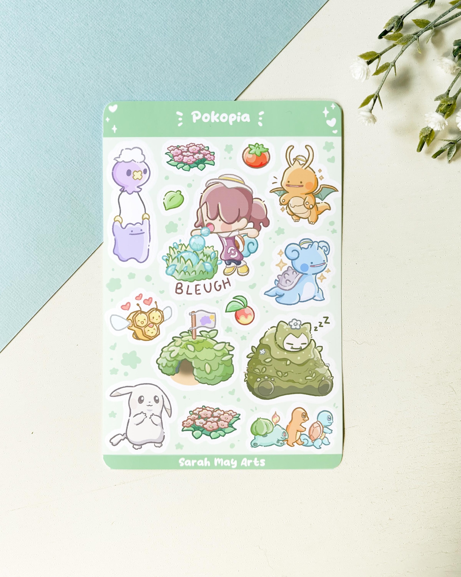 Pokopia Sticker Sheet - 14pcs Pokemon Matte Vinyl Floral Kiss Cut Stickers