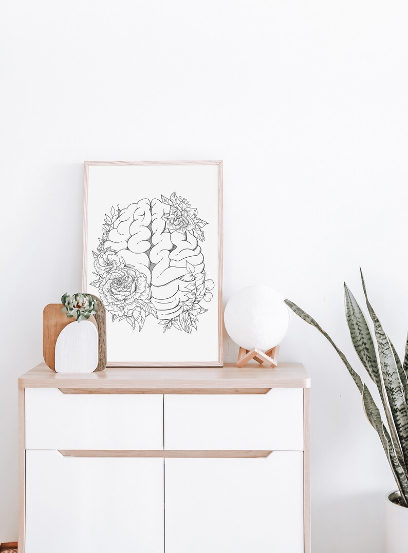 Floral Anatomical Brain Art Print | Fine Line Floral Art - Etsy Australia