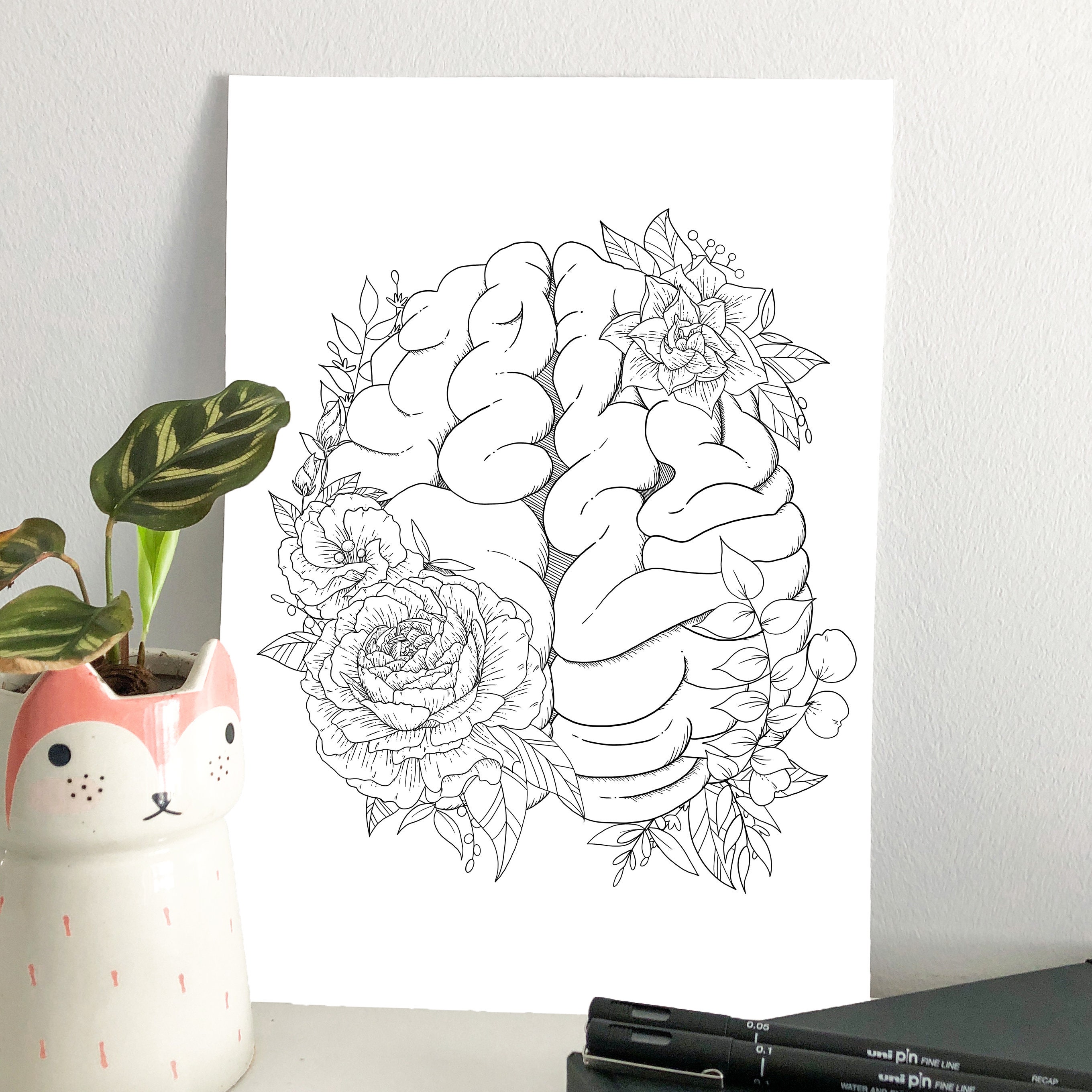 Floral Anatomical Brain Art Print | Fine Line Floral Art - Etsy Australia