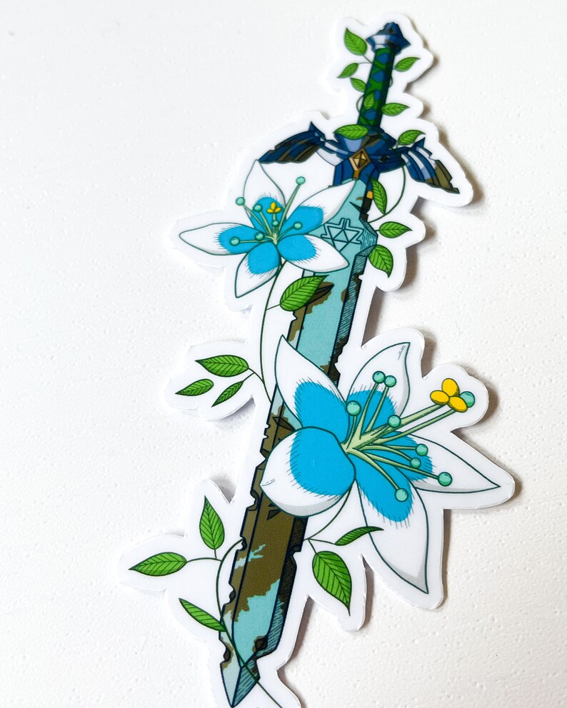May include: A blue and green sword with a white and blue flower design. The sword is surrounded by green vines and leaves.